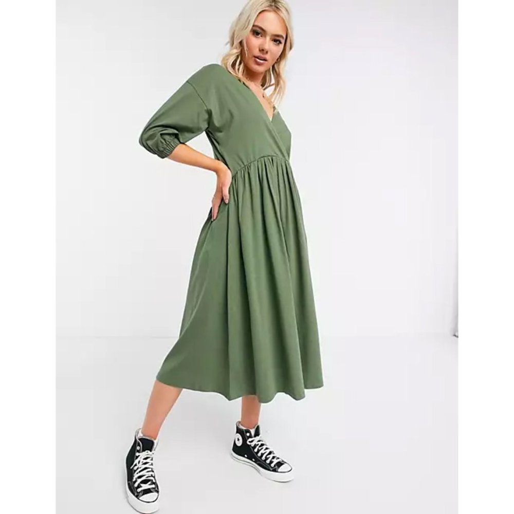 ASOS Midi Smock Wrap Dress in Khaki Green, US 2 - Picture 2 of 4